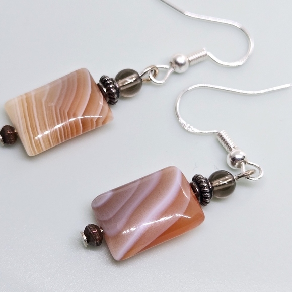 Vintage Gemstone Pink To Tan Nature Stones Earrings In Silver 925 Hooks - Picture 10 of 17